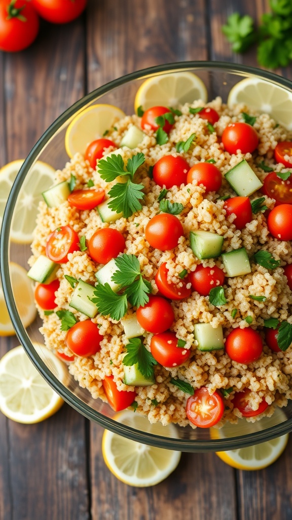 Colorful quinoa salad with cherry tomatoes, cucumber, and parsley in a glass bowl with lemon wedges.